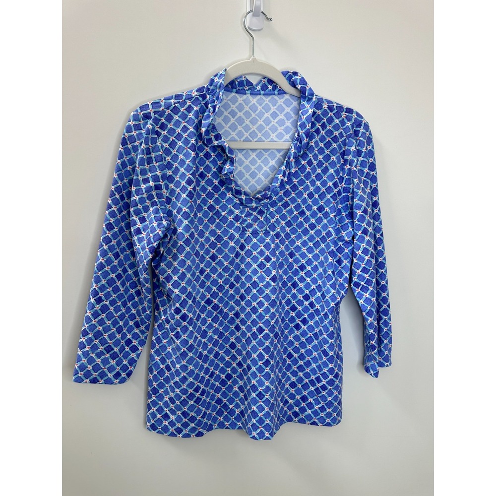 J.McLaughlin Blue Geometric Ruffle Neck 3/4 Sleeve Top No Size Preppy Coastal - Picture 10 of 10
